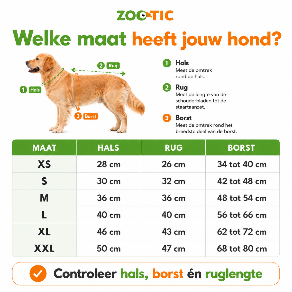 Maattabel voor de hondenjas met meetinstructies en afmetingen per maat