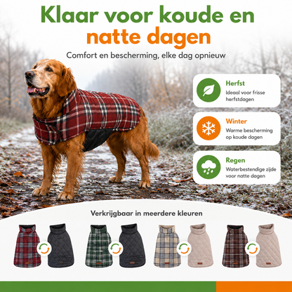 Hond met een rood geruite hondenjas buiten, met een overzicht van productkenmerken en kleuren