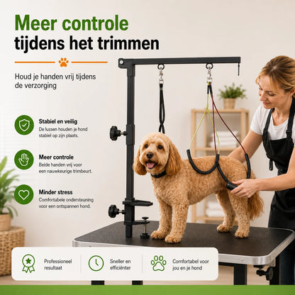 Hond trimmen met Zootic RVS trimarm voor extra ondersteuning
