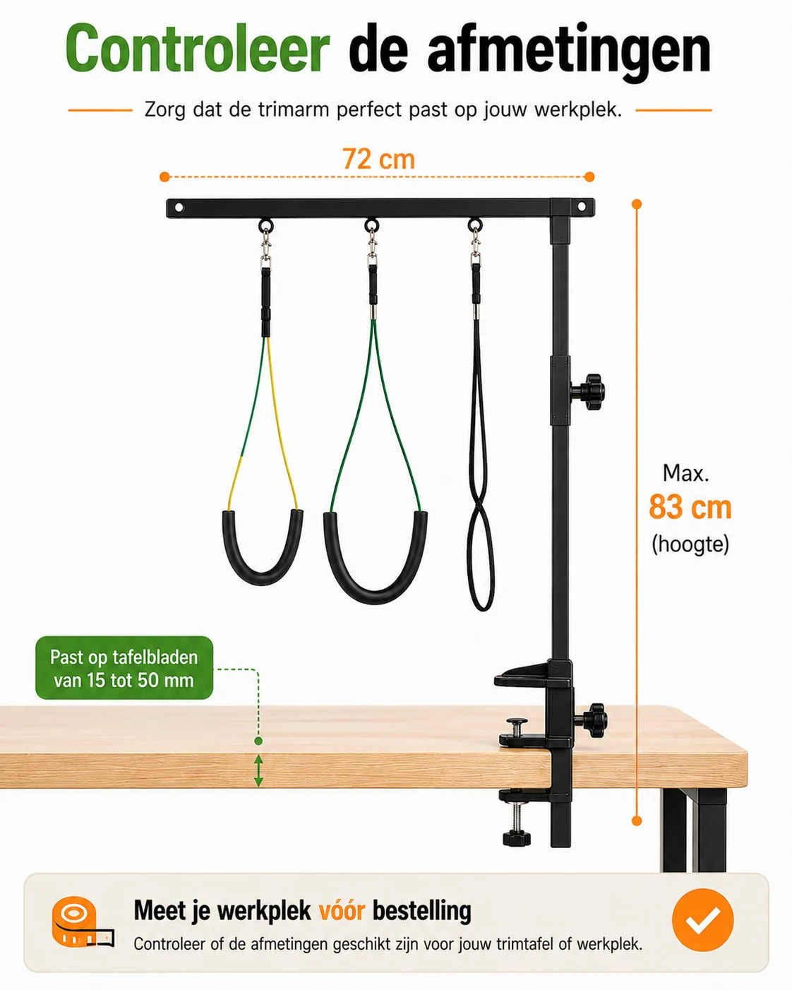 Afmetingen Zootic trimarm 83 cm hoog met verstelbare tafelklem