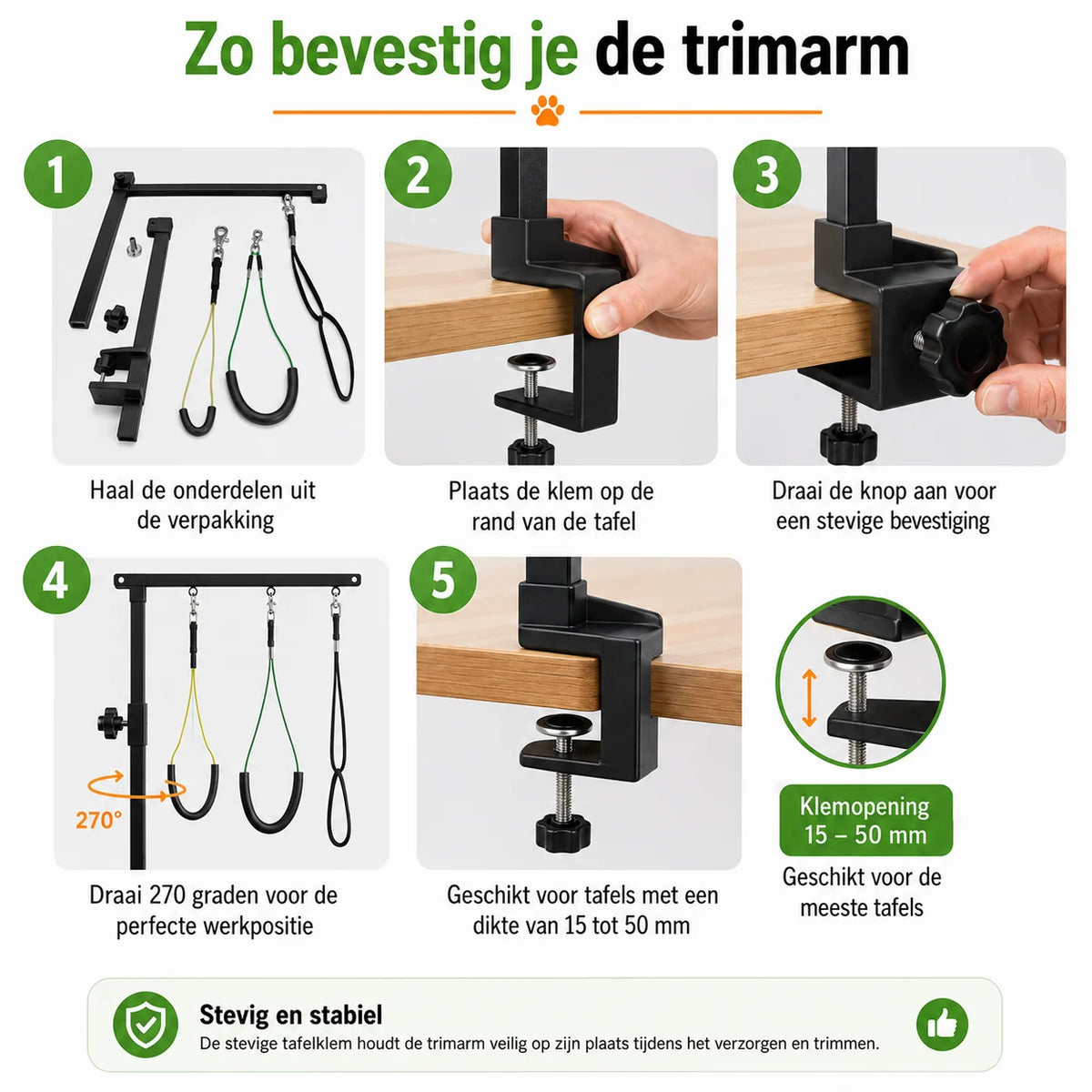 Zootic trimarm bevestigen aan tafelblad van 15 tot 50 mm