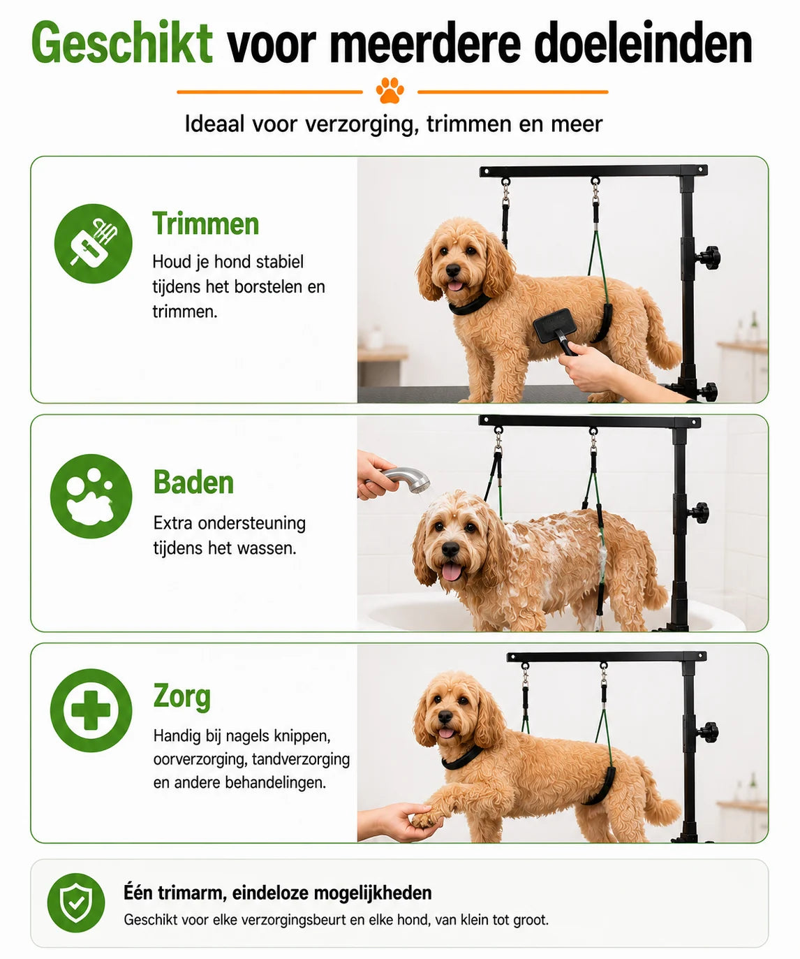 Trimarm voor hond bij trimmen baden en dagelijkse verzorging